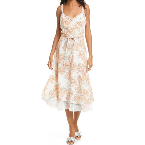 Dyvna Dresses & Skirts - Dyvna Chacha Dress Womens Size 10 Peach Floral Braided Strap Belted Silk Midi